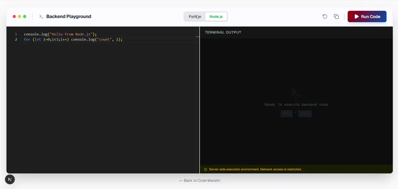 Interactive backend code editor supporting Python, Node.js, and PHP execution