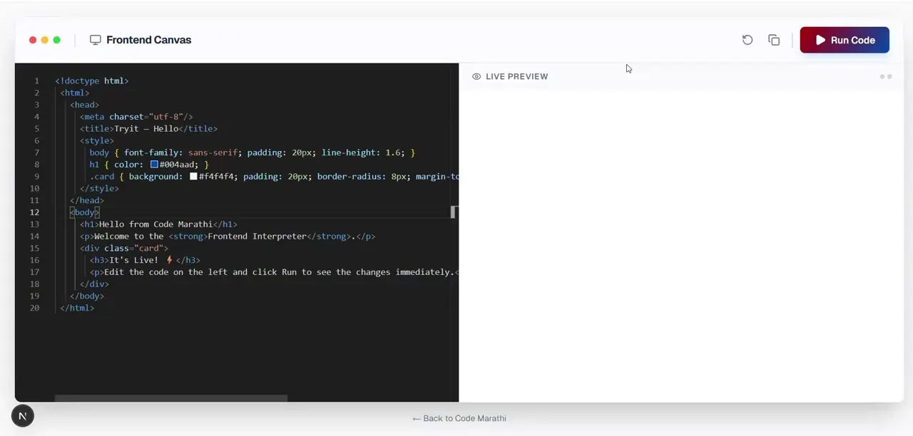 Interactive frontend code editor with HTML, CSS, and JavaScript live preview